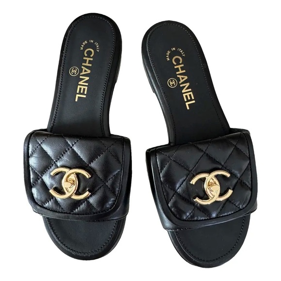 CHANEL Shoes - CHANEL Black Quilted Leather Slide Sandals with Gold CC Emblem